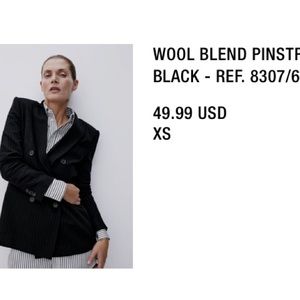 Wool Blend Pinstripe Double Breasted Blazer Zara XS